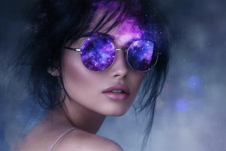 Striking woman with dark hair gazes over her shoulder, close-up composition. Her large round sunglasses dominate, reflecting a vibrant purple and pink cosmic nebula against a dark sky. The background is an abstract, painterly wash of cool blues and greys with soft watercolor textures and subtle bokeh. Digital painting style reminiscent of fashion illustration; soft, atmospheric lighting creates a mysterious, dreamy mood. Contrast between smooth skin, sharp reflective glass, and the textured, ethereal backdrop is key.