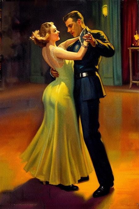 sd-pulp of a man and a woman standing at a dance, romance, dime mysteries, cover art, illustration