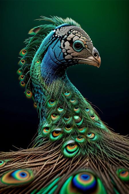 Create a photorealistic close up image of a peacock, feathers, vibrant colors and dark background, highly detailed, aesthetic, great lighting, extremely detailed,  award winning, perfect composition, a rich and complex image of nature, a vibrant tissue of hues and textures captured digitally, best quality, realistic, captivating, intricately detailed, hyper detailed, maximalist style, photorealist, sharp focus, dynamic lighting, superb composition, finest details, highest aesthetics, best quality, sharp focus, high contrast, stylized, clear, colorful, ultra quality, 8k, best quality, masterpiece,midjourneyv6.1, close up,