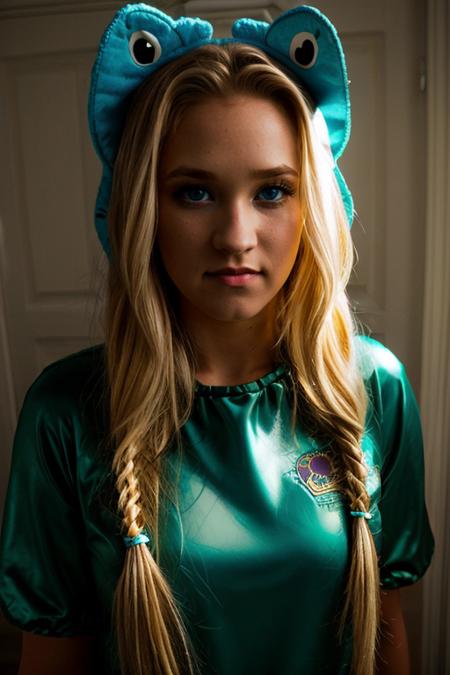 wearing a dinosaur costume <lora:Emily_Osment:1> e1873o, 1girl, solo, long_hair, blue_eyes, blonde_hair