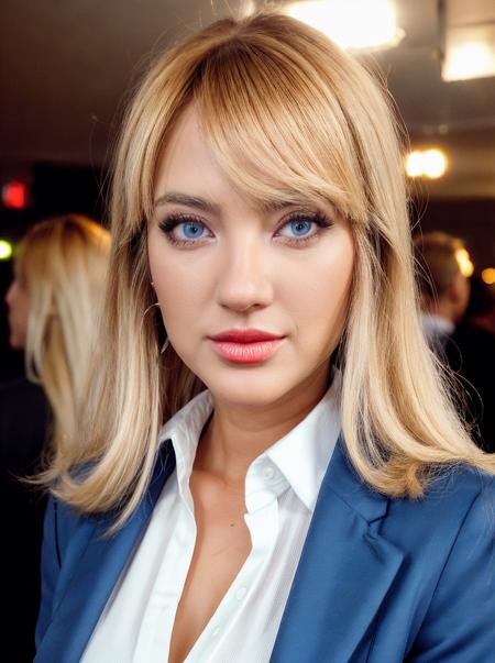 , realistic, amazing photo of a pretty woman wearing flight attendant clothes, makeup, <lora:quiron_KaschaPapillon_v2_lora:0.87> KaschPapillonQuiron, blond hair, at crowded nightclub party background