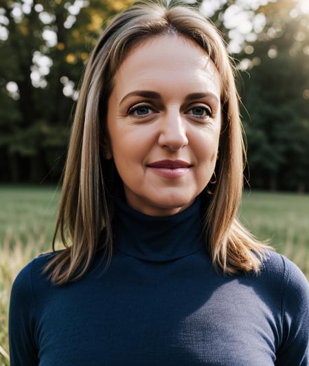 <t1f001a3>,  detailed eyes, ((nature, outdoor, Grass, background)), close portrait photo, Spectacular light, 8k, soft lighting, high quality, breast, top, upper body, (Turtleneck), Turtleneck, smile, jeans