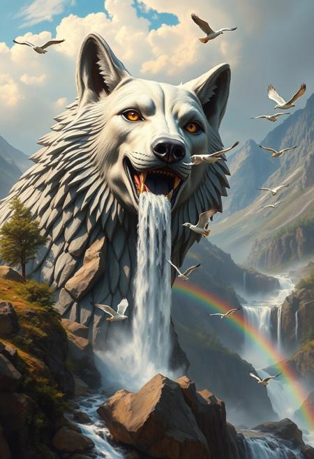 A painting of a majestic continent, Stone wolf statue, A waterfall flows from the wolf's mouth, with migratory birds taking flight from the vast wilderness.
There are numerous waterfalls and rainbows.
best quality, sharp focus, high contrast, colorful, ultra quality, 8k, best quality ,Oil Painting,