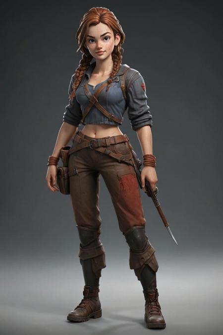 3d character, game character, 3d render, trending on artstation, 20 years old, fantasy concept, pretty face, long braided hairs, half skinned cut, gentle expression, smiling, adventurer, ready,skinny,scar,blood on medieval clothes,night, subsurface scattering, rim light, dark gradient background, detailled socle, grass and pebbles, rocky ground,  holding weapon , full body, 16mm, <lora:RPGGoblinXL:0.15> <lora:Grungy_Picture_SDXL_V1:1> <lora:filmicVibesXL_v1.1:1> <lora:bynightPortraits-XL:0.25>