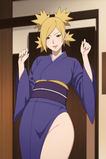 <lora:Temari [Boruto]:0.8>, temari, mature woman, hot face, seduce face, happy, looking at viwer, blonde, (4 ponytails), lips, medium breasts, lying, kimono, complex room background, curvy, mature body