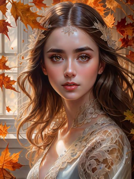 photo, 8k portrait of beautiful lili with brown hair and brown eyes, intricate, elegant, highly detailed, majestic, digital photography, art by artgerm and ruan jia and greg rutkowski surreal painting autumn leaf filigree, broken glass, (masterpiece, sidelighting, finely detailed beautiful eyes: 1.2), hdr, realistic, high definition