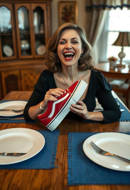 ((highly detailed skin:1.2)), 8k uhd, dslr, Fujifilm XT3, highest quality, masterpiece, photorealistic, detailed skin texture, (highly detailed hair), sharp body, ultra realistic face.
woman sitting at dining room table. she is ready to eat, the room is decorated like a family home from the 1960's. she is dressed for a fancy diner party, black dress and nice jewelry, the table is natural colored oak. on the table are four blue placemats. on the placemats there are very large white plates. on either side of the plates there are a knife and a fork.
 (((red Vans deck sneaker))), 
her mouth is open, she is holding the sneaker, she is eating the toe of the sneaker, (((the sneaker is inside her mouth)))
