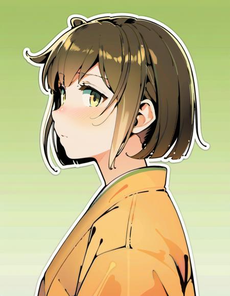 dynamic angle, masterpiece, best quality, photorealistic, best illustration, solo, looking at viewer, portrait view of 1girl facing viewer over a simple white to green gradient background, hiryuuchan, (one side up:1.22) brown hair, brown eyes, orange kimono with wide furisode sleeves, cute, pixiv, best lighting, finely detailed eyes, depth of field <lora:hiryuu_counterfeitxla_1-10:0.6>