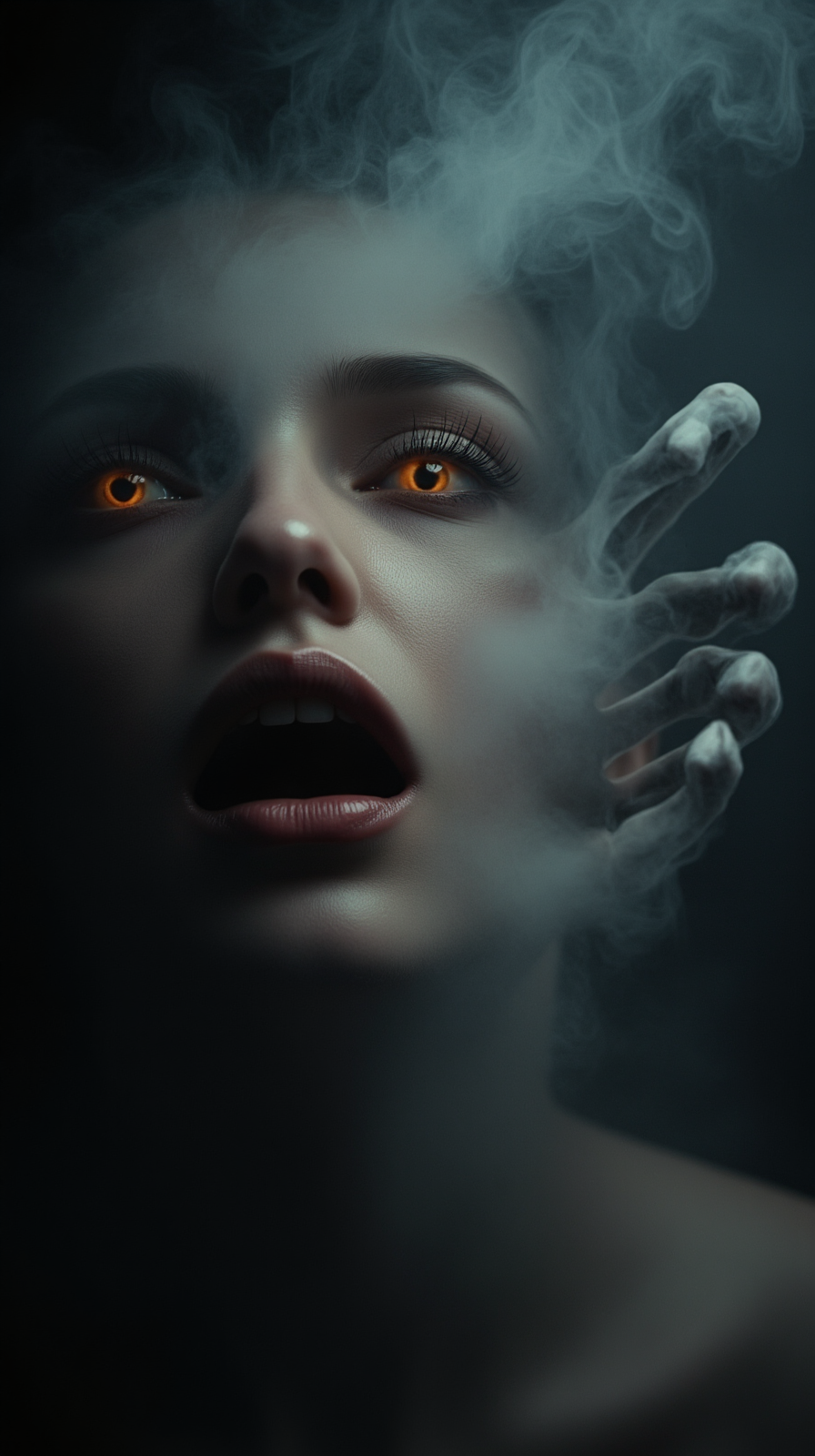 A Close-up of a woman with amber-orange eyes looking upward with her mouth slightly open, while a pale ghostly hand reaches toward her from the right side of the frame. Thick gray smoke swirls throughout the entire composition, obscuring parts of her face and creating a haze around both the subject and the ethereal hand. 