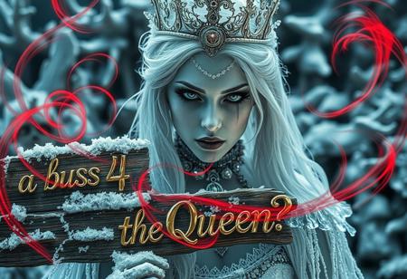 “A hyperrealistic depiction of an ice princess with an eerie ambiance, wearing heavy gothic makeup, set in a rotten and decayed world. The scene is intricate with frost-covered elements, blending a fantasy horror concept with a dark fairytale wonderland background.  A rotten writing in wood reads ‘a buzz 4 the Queen?’. Red and acid green color twirls swirl through the scene, adding an ominous and sinister touch. The white and gold color palette contrasts sharply with decayed, rotting surroundings and the red and green accents, creating a haunting atmosphere. The image uses a 12mm lens effect to enhance depth and distortion, with sharp contrasts, deep shadows, and an ultra-detailed photorealistic style. The ice princess appears both enchanting and terrifying, emanating mesmerizing visual storytelling in a chilling, frost-bitten, and decayed environment.