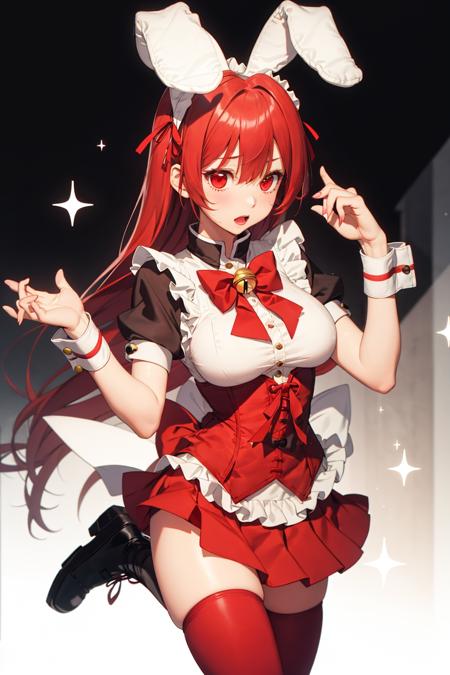 absurdres, best quality, 1girl, solo, <lyco:GoodHands-beta2:1>, red hair, red eyes, long hair, large breasts,  <lora:ahBunny-000120:1>, ahBunny, rabbit ears, red corset, gakuran, apron, red neck ribbon, red skirt, hair bow, short sleeves, wrist cuffs , white thighhighs, jingle bell