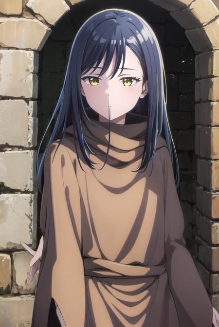 rahvella, long hair, black hair, (yellow eyes:1.3), cloak,