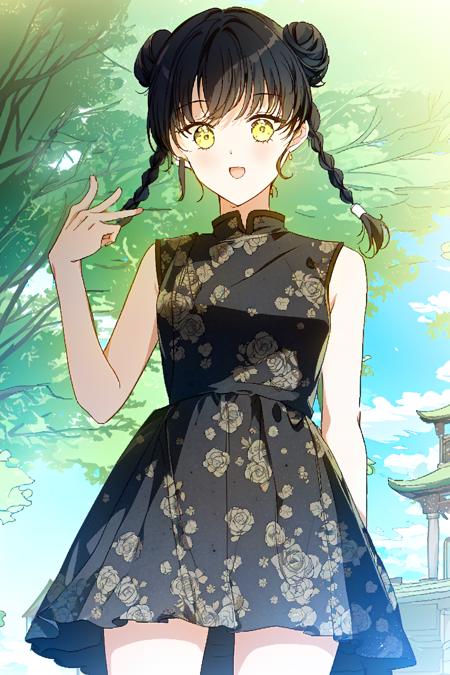 1girl, solo, solo focus, (mature female, aged up:1.2), light smile, (from below:0.8), china dress, print dress, dragon, sleeveless, black hair, yellow eyes, double bun, twin braids, open mouth, hip vent, cowboy shot, medium breasts, 
i shall master this family style,
masterpiece, best quality, 
<lora:i_shall_master_this_family_lycoris-000004:1>