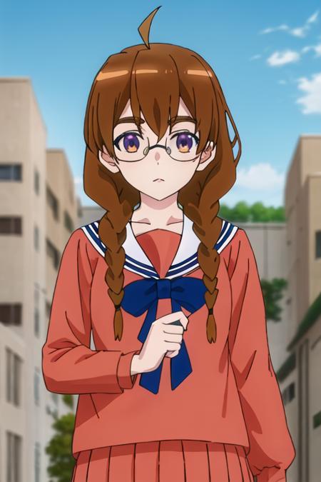 best quality, masterpiece, highres, solo, {sekine_4ninwasorezoreusootsuku:1.15}, brown_hair, glasses, braid, twin_braids, long_hair, ahoge, purple_eyes, serafuku, brown_eyes, 1girl, anime_coloring, jacket, night, night_sky, outdoors, sky, thick_eyebrows, looking_at_viewer