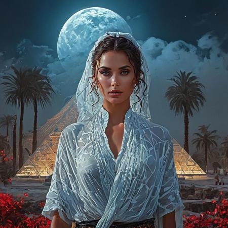 Portrait of the beautiful Lois Lane on the background of pyramids, 
in Arabic attire, 
wavy hair, 
jewelry with rubies, 
double exposure, 
palm trees, 
fog, 
beautiful night landscape with a full moon, 
concept art in a surreal and fantasy setting, 
combining the artistic styles of Jose Royo, 
Boris Vallejo, 
with high detail, 
hyperrealism. The 8k image, 
created in the impressionist style influenced by the works of Carne Griffiths, 
Russ Mills, 
Mark Demsteder, 
Andreas Lee, 
Vadim Kashin, 
Degas, 
Monet, 
is distinguished by the precision and beauty of anatomy, 
symmetrical composition in the center, 
three-dimensional lighting, 
rays, 
bright color reflections., 
clarity, 
the best result in the field of visualization, 
the best result in the field of a very beautiful face, 
Gothic style. style, 
shades, 
divine presence, 
cinematic quality, 
clear focus, 
studio shooting, 
16K UHD resolution, 
masterpiece ultrarealism, 
masterpiece detail, 
dynamic composition, 
hyperrealism, 
masterpiece hyperrealism
