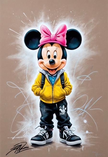 #pastel, #dry chalk drawing, #chalk on paper, #chalk shading, #chalk drawing, #tinted paper, #colored chalk drawing, #chalk shading,
Mickey Mouse style graffiti, with his signature pink hat and yellow bow tie. Mickey's girl is wearing a black jacket, black pants and black sneakers. She is carrying a backpack
style: Antonio Mora, Andre Cohn, Arthur Bordalo, Bob Ringwood, Benedick Bana,
Style-Winter