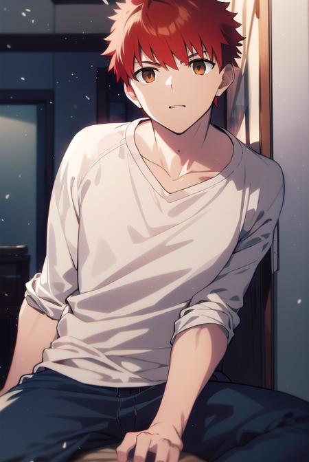 shirouemiya, <lyco:shirouemiya-LYCORIStest:1>, 
shirou emiya, 1boy, (red hair:1.5), spiked hair, (brown eyes:1.5), mature male,
BREAK blue pants, collarbone, pants, shirt, long sleeves, white shirt, raglan sleeves,
BREAK looking at viewer,
BREAK indoors, classroom,
BREAK <lora:GoodHands-vanilla:1>, (masterpiece:1.2), best quality, high resolution, unity 8k wallpaper, (illustration:0.8), (beautiful detailed eyes:1.6), extremely detailed face, perfect lighting, extremely detailed CG, (perfect hands, perfect anatomy),