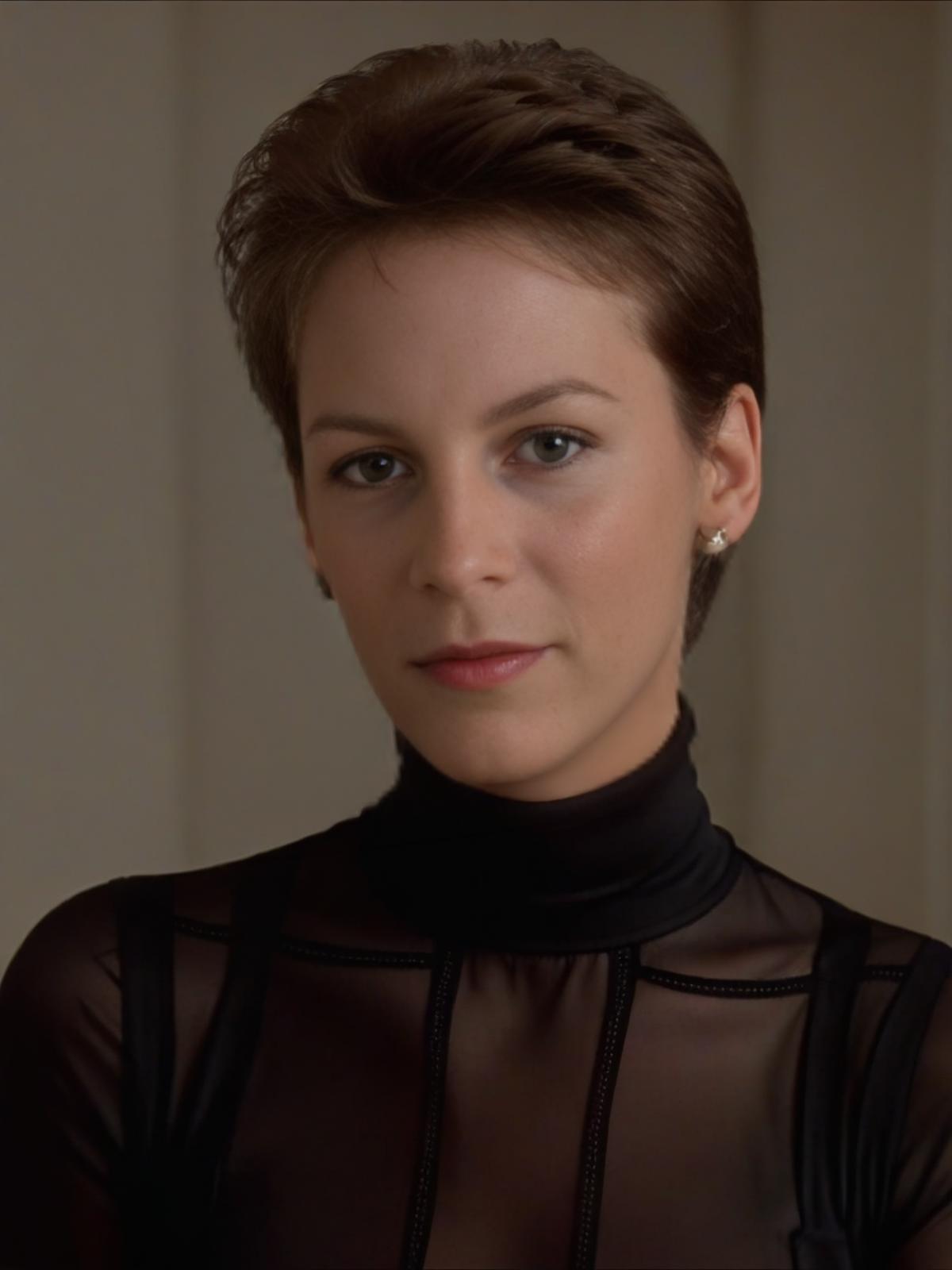 UHD, 4k,a young girl supermodel Laurie_Strode, age 20,<lora:Laurie_Strode:0.7> wearing turtle neck dress,  keyhole dress, ...