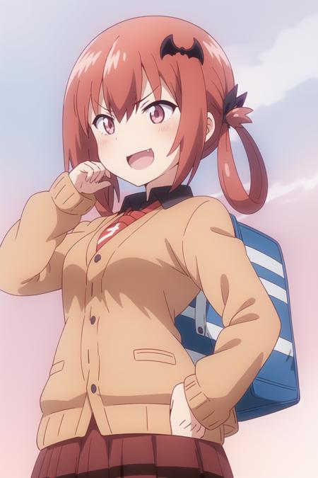 satania, 1girl, bat_hair_ornament, solo, fang, cardigan, bag, skirt, inverted_cross, open_mouth, necktie, school_uniform, smile, black_shirt, plaid, hand_on_hip, plaid_skirt, shirt, v-shaped_eyebrows, school_bag, :d, cross, red_necktie, breasts, pleated_skirt, red_skirt, collared_shirt, cross_print, long_sleeves, arm_up, ribbon, blush, blue_background, from_below, cowboy_shot, smug, wing_collar, brown_cardigan, hand_up, upper_body