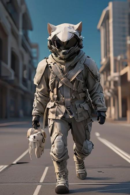 a woman's head, on a horse body, running down a street, with a plane on her back