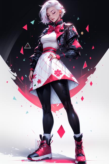 <lora:KDA:1>, 1girl, solo, dress, short hair, full body, white hair, bangs, red nails, white dress, pantyhose, smile, bow, blunt bangs, open mouth, red footwear, puffy sleeves, white pantyhose, white background, standing, standing on one leg, red bow, christmas, skirt hold, nail polish, flower, looking at viewer, hair ornament, bob cut, closed eyes, merry christmas