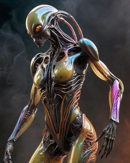 beautiful bioengineered alien creature with semi-transparent shiny skin, (detailed cybernetic implants fused with organic matter:0.5), (full body:1.8), sharp focus, (smoky background with intensely vibrant swirling colors:1.9), realistic photo, <lora:add-detail-xl:1.0>