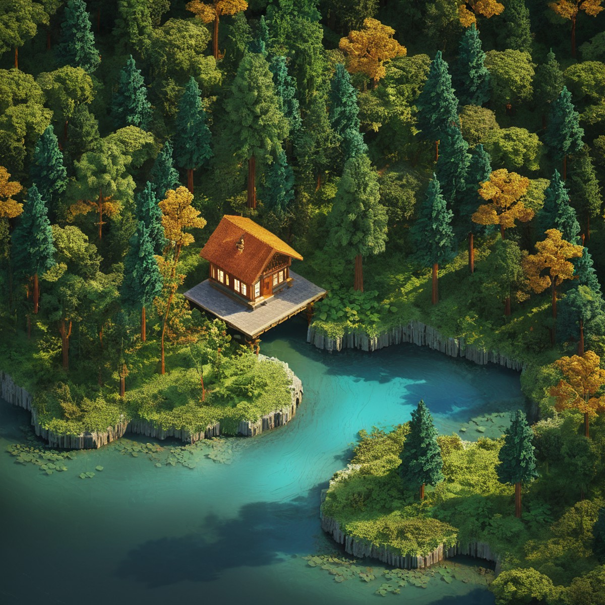 isometric style small cabin, forest, river, tilemapstyle, voxell, 3d \, (artwork\), scenery, <lora:TileMapStyle_v1:0.9> . ...