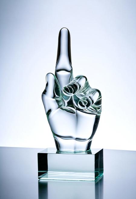 A clear glass sculpture showing the middle finger