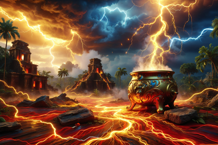 humidifier with misting vapor made of golden and blue lightning thunder trails lthndrtrl, jungle ruins, stormy sky background, best quality, vibrant colors, realistic style, high detail, hyper-realistic, highres, 4K resolution, realistic photo, masterpiece, ultra-detailed, lthndrtrl, red yellow tones, warm light, dynamic angle, wide shot, <lora:lightning_thunder_V1.1:0.7>