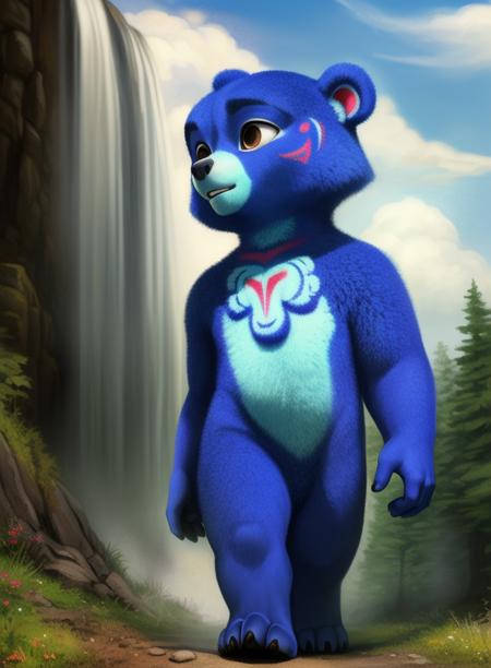 KodSpiRan, bear, dark blue fur, chibi, brown eyes, patterns on the body,