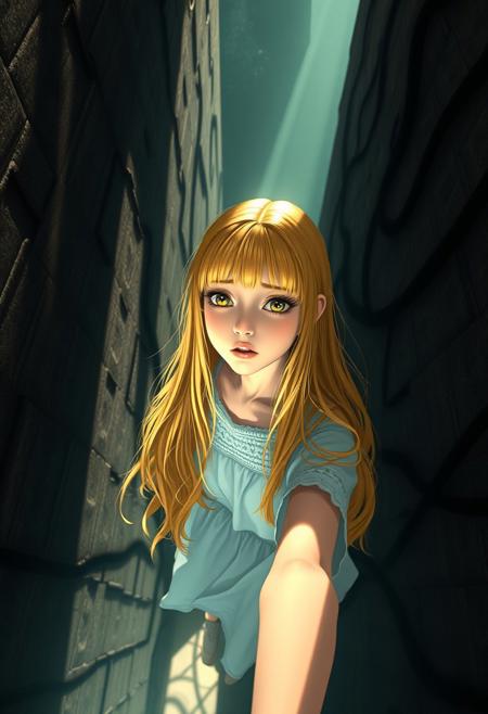 A serene girl, locks cascading down her back like a golden waterfall, and bangs framing her heart-shaped face, navigates a mystical maze. Towering walls cast long shadows, like dark tentacles grasping for her. Her gaze ascends, a mix of awe and exasperation etched on her features, as the camera's bird's-eye view reveals the labyrinthine complexity below. Soft luminescence bathes the scene, imbuing the atmosphere with an otherworldly essence, as if the very fabric of reality has become a dreamlike tapestry.