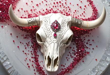 close up, intricate graceful cow skull covered with ruby gems,  dynamic movement,   abstract environment full of shimmering ice particles flying in the air, soft light, concept art, dramatic light scene, three dimensional effect, lightbox effect, vibrant background,  Textured surfaces, High contrast,  highly detailed, high resolution, HDR, UHD, Surrealism.