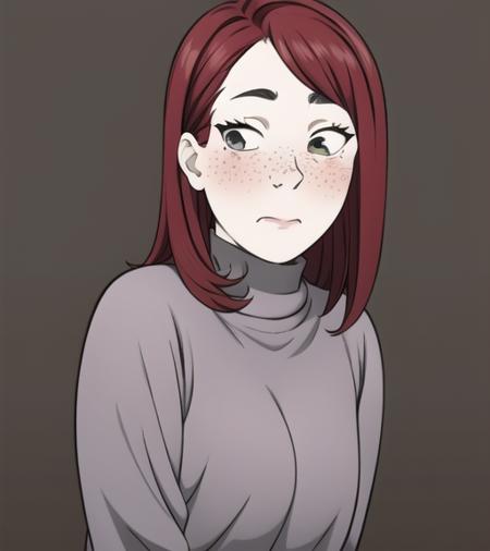 best quality, masterpiece, monochrome, meme, parody, <lora:mtstyle:0.8> mtstyle, 1girl, redhair, freckles, :|, shirt, pants, blush, upper body, solo, looking at viewer, simple background