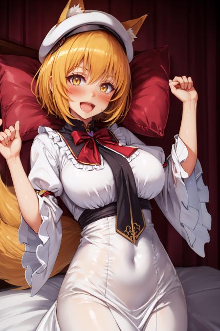 (masterpiece, best quality:1.2), <lora:hotmelon:1>, hotmelon, 1girl, breasts, solo, blonde hair, tail, fox tail, hat, multiple tails, fox shadow puppet, yellow eyes, dress, tabard, short hair, white dress, open mouth, blush, looking at viewer, large breasts, smile, pillow hat, frills, white headwear, wide sleeves, fox ears, animal ears