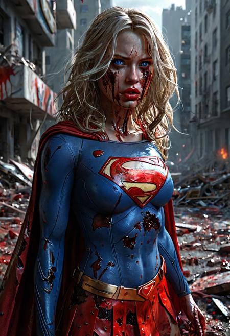 High resolution ultra-realistic of beautiful Supergirl with wavy blolnde hair, Greg Rutkowski, Intricately Designed Handsome dirty bloody face, Realistic beautiful bllue eyes, Atrractive 21 years old woman, dark sci-fi elements, Standing in the middle of a bloody battle on the battlefield, Streets of a metropolis full of debris, in a fighting pose, Intricately designed tight Blood-stained combat costume, red mini skirt, red cape, heroic stance, DC Comics, Realistic Firm breasts, 8K, ultra-realistic body, bloody realistic costume, Supergirl covered in blood on her body, realistic red lips, adding to the intense and dynamic atmosphere of the scene, without makeup, Asymmetrical Balance, hyperdetailed painting, dynamic lighting, adding to the intense and dynamic atmosphere of the scene, complex masterpiece