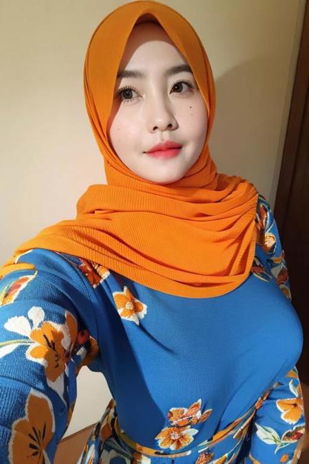 (masterpiece), (high quality, best quality, realistic, expressive eyes), classroom, (upper body), 1girl, mature female, mole under mouth, (orange hijab:1.1, blue dress:1.1, print dress), name tag, selfie