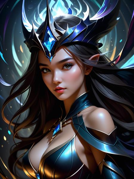 masterpiece, best quality, ultra high res, visually stunning, beautiful, award-winning art, (abstract art:1.3), 1girl, sorceress, dark theme, deep shadow