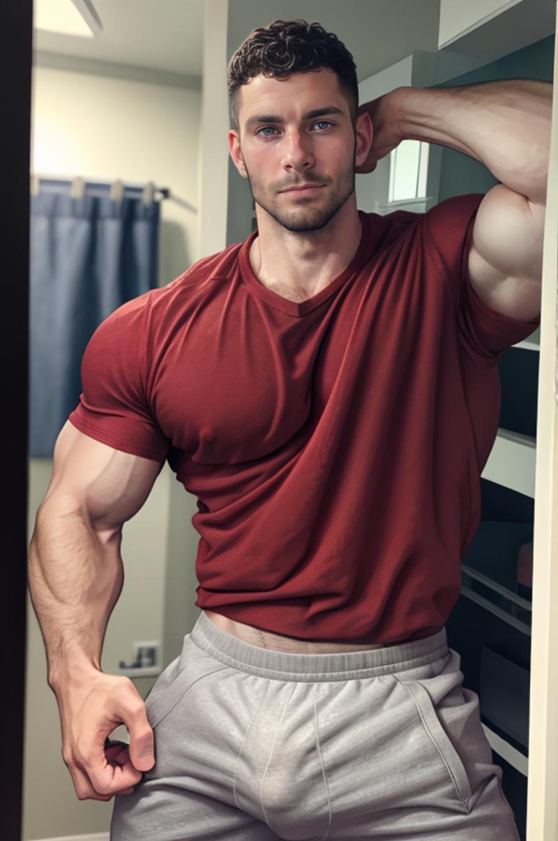 A man wearing a red shirt and grey sweatpants posing for a picture.