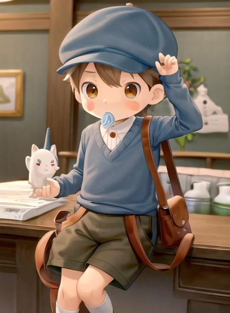 luke triton, brown hair, 1boy, male child, black eyes, short hair,blue headwear, shoulder bag, blush stickers, shirt, shoes, socks