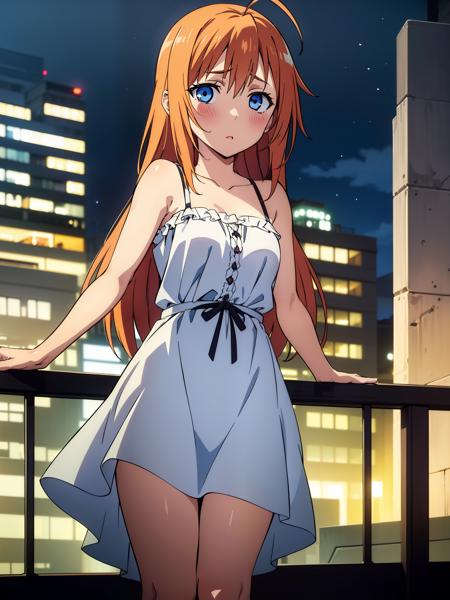 (exceptional, best aesthetic, new, newest, best quality, masterpiece, extremely detailed), 1girl, solo, konoesubaru, looking_at_viewer, blush, embarrassed, hair_down, sundress, cityscape, night_sky