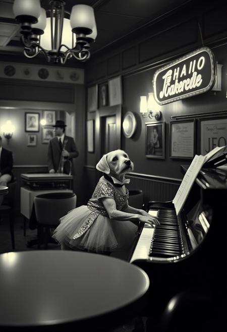 A late-night jazz club, captured in grainy black-and-white, where the pianist is a dog in a sequined dress, cinematic romanticism, symmetrical composition, pastel color palette, retro fashion, narrative stillness, whimsical melancholy, dramatic lighting, vintage interiors, stylized figuration, narrative eccentricity, theatrical mise-en-scène, emotional restraint, romantic detachment, quirky elegance, painterly atmosphere, visual storytelling, nostalgic tone, mid-century aesthetic, detailed props, character-driven settings