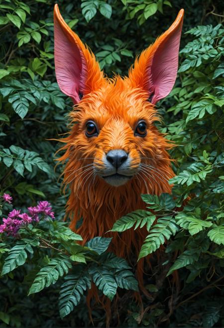 A Quizzlethorn, unique creature, photorealism, bright lighting: warm golden, cool blue, vibrant green, fiery orange, soft pink. Camera angle: overhead, looking down. Drawing style: realistic, detailed, textured. A Quizzlethorn with fluffy fur, long ears, and a twitching nose, surrounded by lush foliage, in high quality, 4K, detailed, ultra HD. Best quality, professional, Portrait, photo shoot,