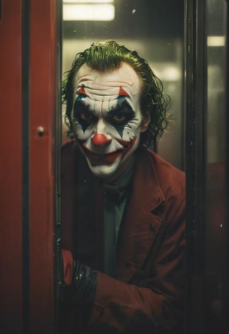 hyper realistic and highly detailed 35mm photo of a joker in telephone booth, laughs, holding iphone, opened door, black night sky, faded colors, atmospheric haze, shot on polaroid film, movie still, black, dark, dramatic, masterful, bold lines, limited color palette, high contrast, depth of field, bokeh, (intricate details, masterpiece, best quality:1.4)