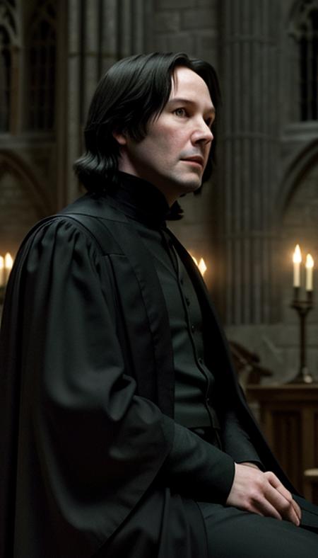 super close up, highly detailed photo, ultrares, highres, 4k footage, realistic photo, in The Great Hall of Hogwarts castle, Keanu Reeves in the role of Professor Snape, sitting alone, thinking, night light falling on him, wide shot, full body, front view