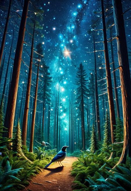 CosmicStyle,space,fantasy,Shimmering stars,starlight ,animal, bird,full view,masterpiece, best quality, amazing quality, aesthetic,outdoor,trees,fantasy,forest
