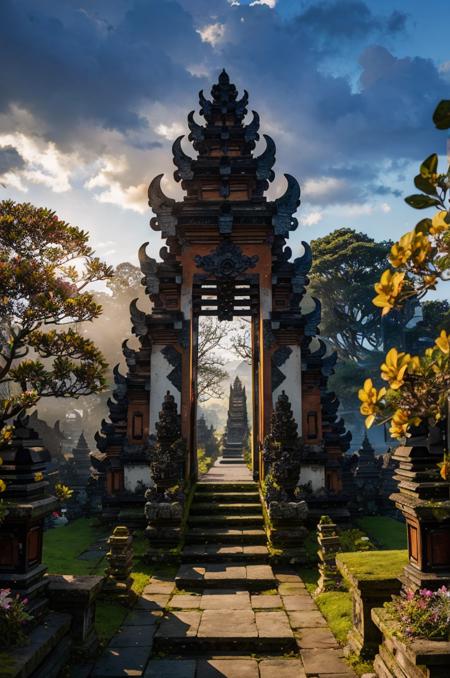 landscape, baligapura gate, stone statue, wall stone, village, stone stairs, yellow cloth, detailed, ornament, bali, tree, grass, flower, frangipani flower tree, epic, dawn, night, moon, yellow light lamp, fog, dramatic lighting, dim light, bokeh, <lora:ARWBaliGapura:1>  <lora:epi_noiseoffset2:0.4> advntr