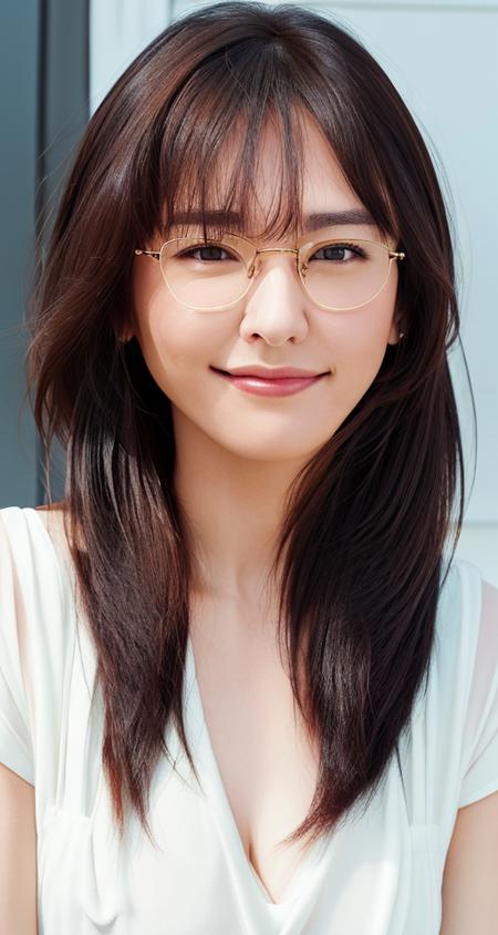 gakki,{best quality}, {{masterpiece}}, {highres}, {an extremely delicate and beautiful}, extremely detailed face, extremely detailed eyes,
original,  depth of field, 
long_hair, windy,
looking_at_viewer, realistic,
solo, upper_body, big smile,
brown_eyes, red_lips,
white office shirt,
hair_ornament, hair_flower, brown_hair,
collarbone,  glasses