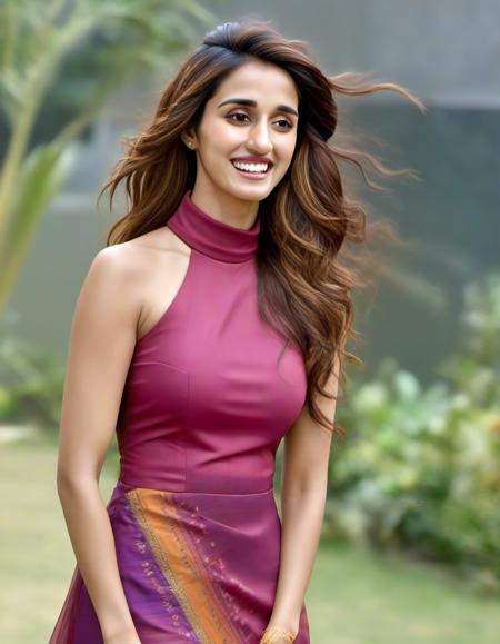 hires photo of Disha Patani woman studio quality, laughing, looking straight at viewer, high collar colorful indian dress, flowing hair, outdoors, realistic skin texture <lora:Disha_Patani_SDXL_LoRA:1>