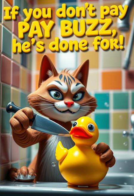 A humorous and vibrant scene for a FLUX-generated image: A mischievous cartoon cat with a sly grin, holding a plastic knife menacingly toward a wide-eyed rubber duck. The setting is a bright, playful bathroom with colorful tiles and bubbles floating around. Above the cat, bold yellow plastic letters spell out, "If you don't pay BUZZ, he's done for!" The style is whimsical, with exaggerated expressions, vivid colors, and a glossy, toy-like aesthetic. Dramatic lighting adds a comedic, mock-threatening vibe.