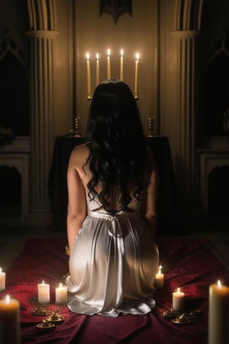 RAW photo, 8k uhd, dslr, high quality, ultra-realistic, realistic, realism, film grain, Fujifilm XT3.
View from behind, dark mansion, gothic-sacrificing alter, room lit by candles, golden chalice, blood spilling out, 1woman wearing a satin white dress, voluptuous body, kneeling,